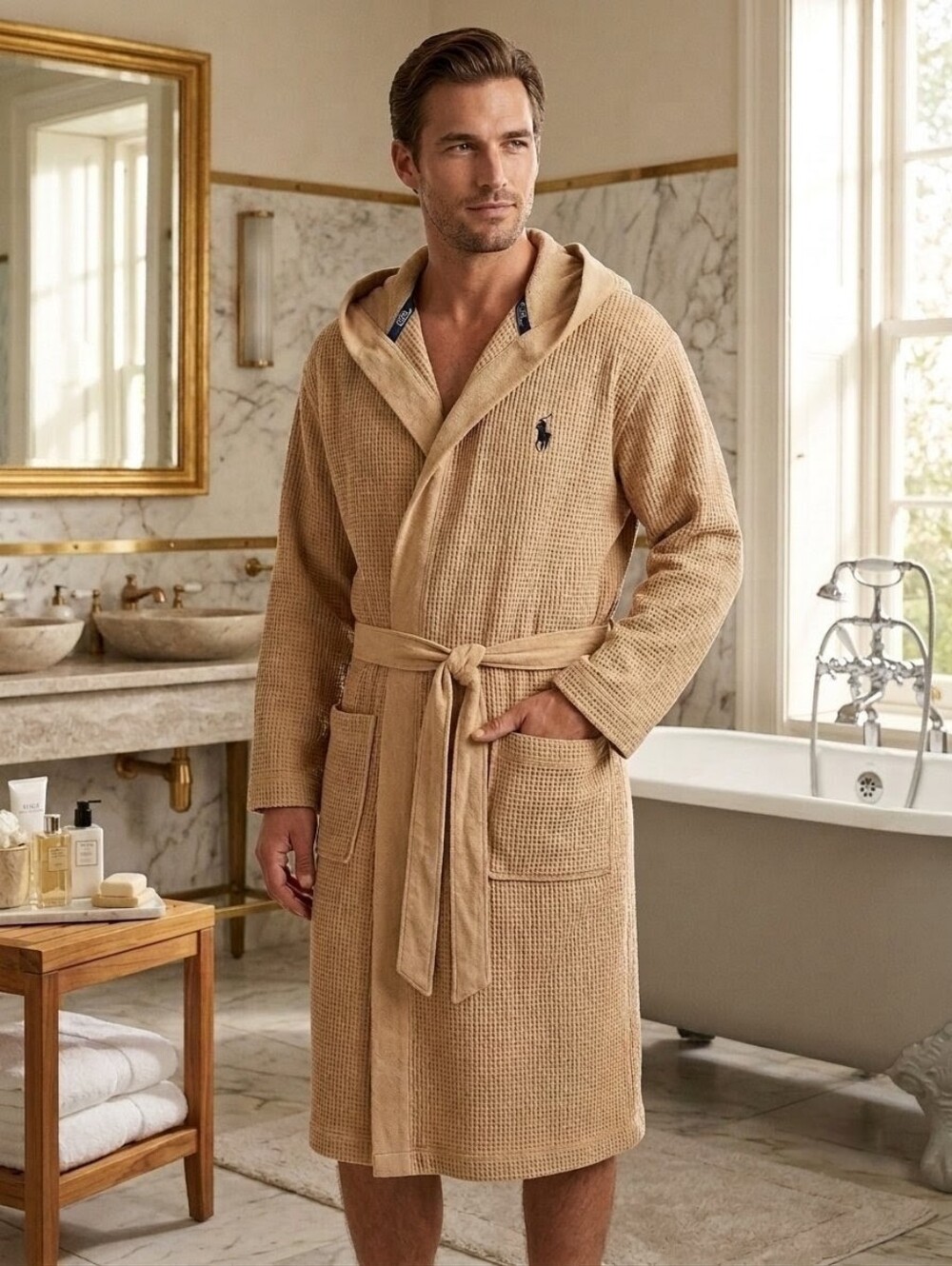 Polo by Ralph Lauren Camel Hooded Thermal Waffle-Knit Bath Robe